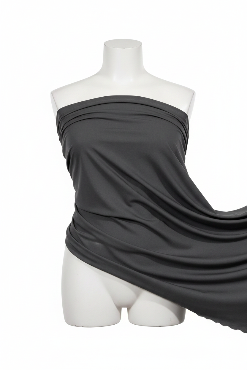 Grey Cotton Poplin Lycra Fabric draped on mannequin showing fabric flow and stretch