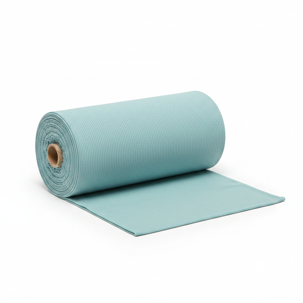 Sky blue jam cotton fabric rolled as professional thaan bolt with unrolled section displaying ribbed texture
