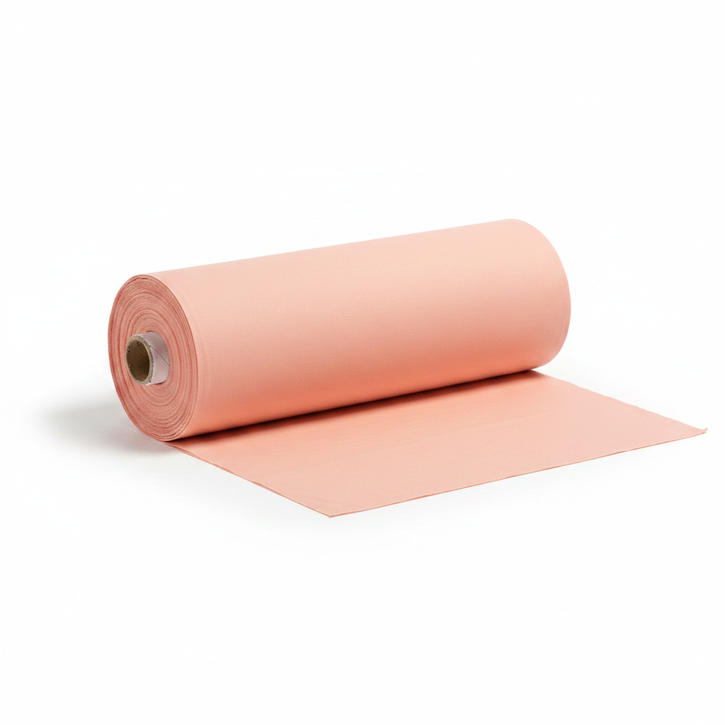 Salmon cotton poplin lycra fabric thaan bolt roll with unrolled section showing texture