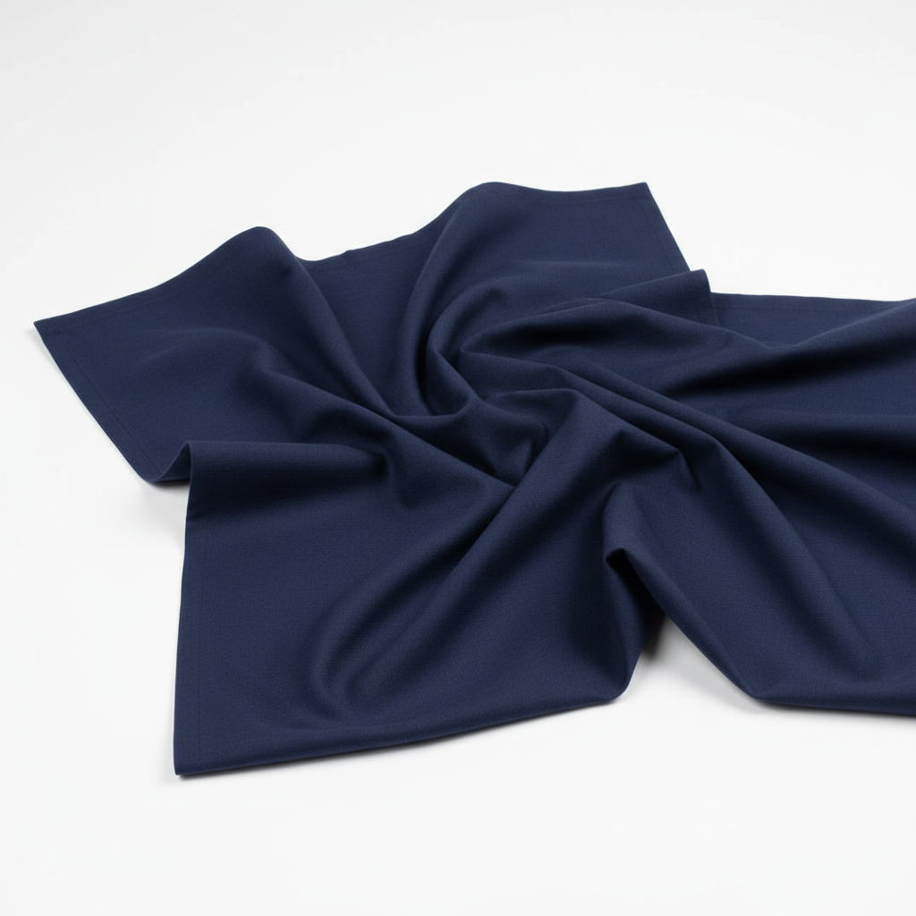 Navy blue cotton poplin lycra fabric draped showing natural fall