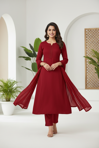 Indian woman wearing elegant red kurti made from Siyani Cotton Cambric Fabric
