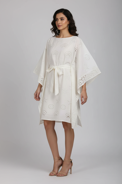 Off-White Multi-Pattern Schiffli Kaftan Dress - Three Quarter Angle