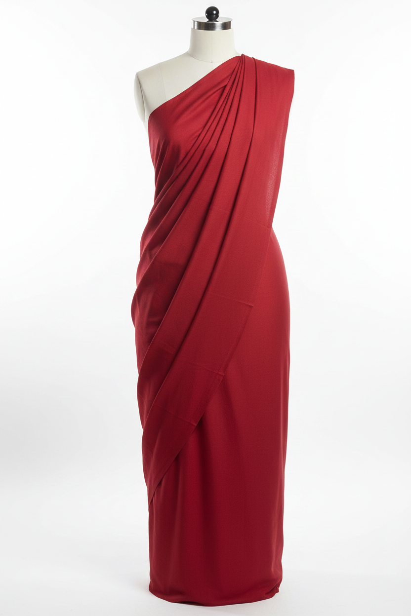Red Cotton Cambric Fabric draped on mannequin showing fabric flow and soft drape