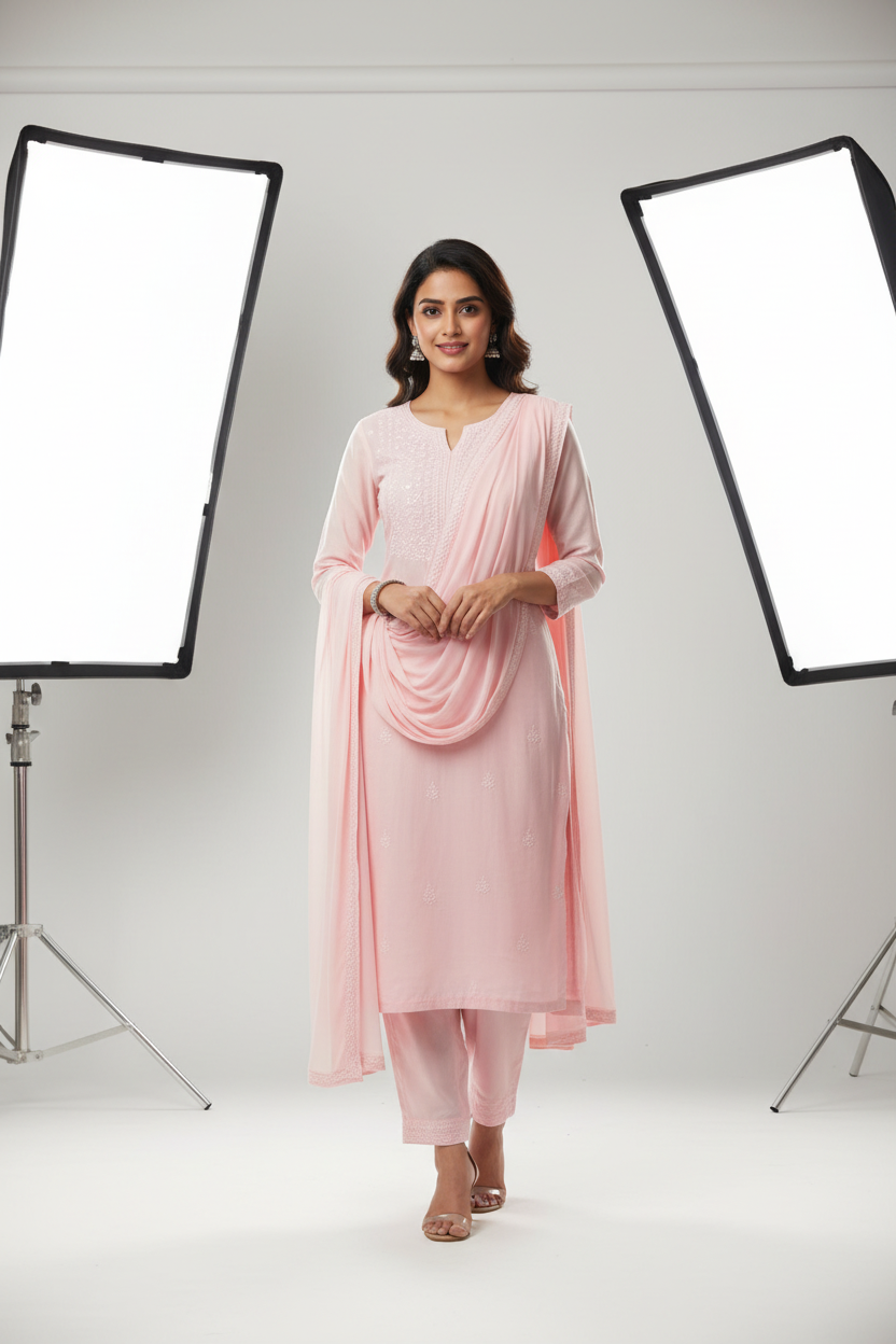 Indian woman wearing elegant pink kurti made from Siyani Cotton Cambric Fabric