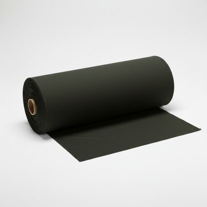 Military green jam cotton fabric rolled as professional thaan bolt with unrolled section displaying ribbed texture