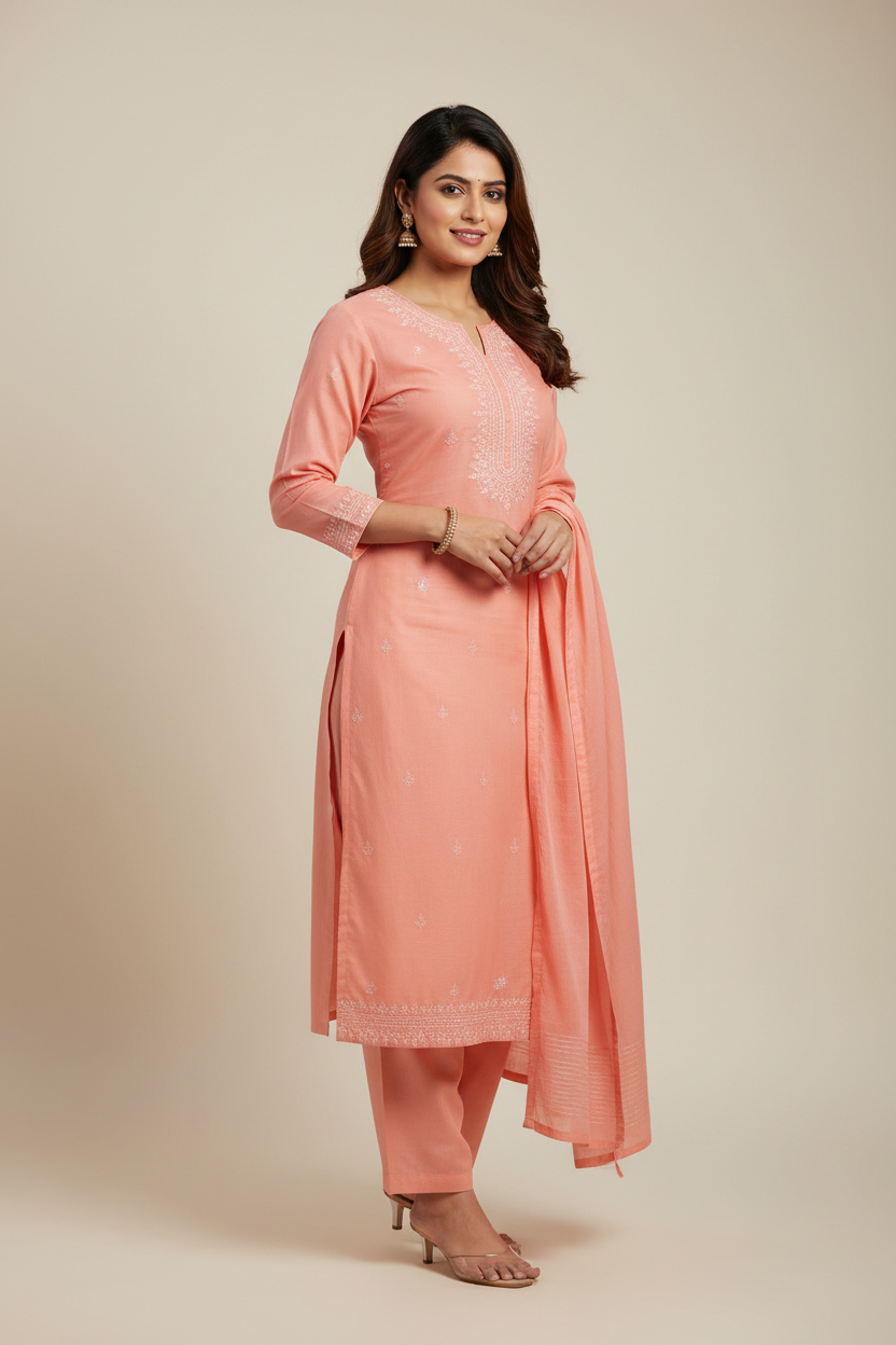Indian woman wearing elegant peach kurti made from Siyani Cotton Cambric Fabric