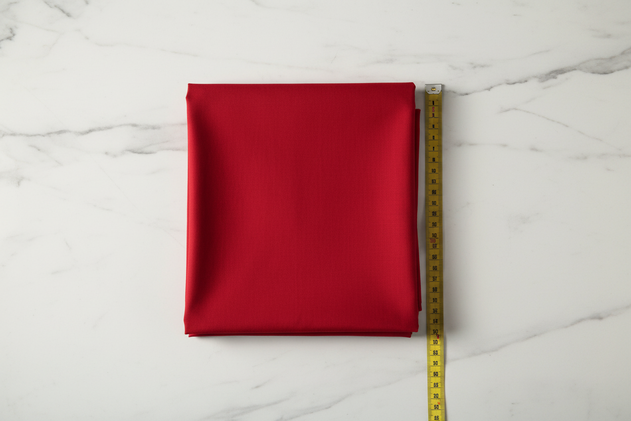 Flat lay of Red Cotton Poplin Fabric with measuring tape showing 44 inch width