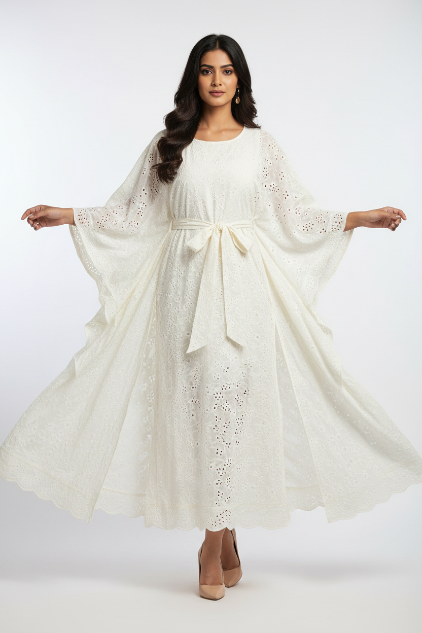 Off-White Floral Schiffli Kaftan Dress - Front View
