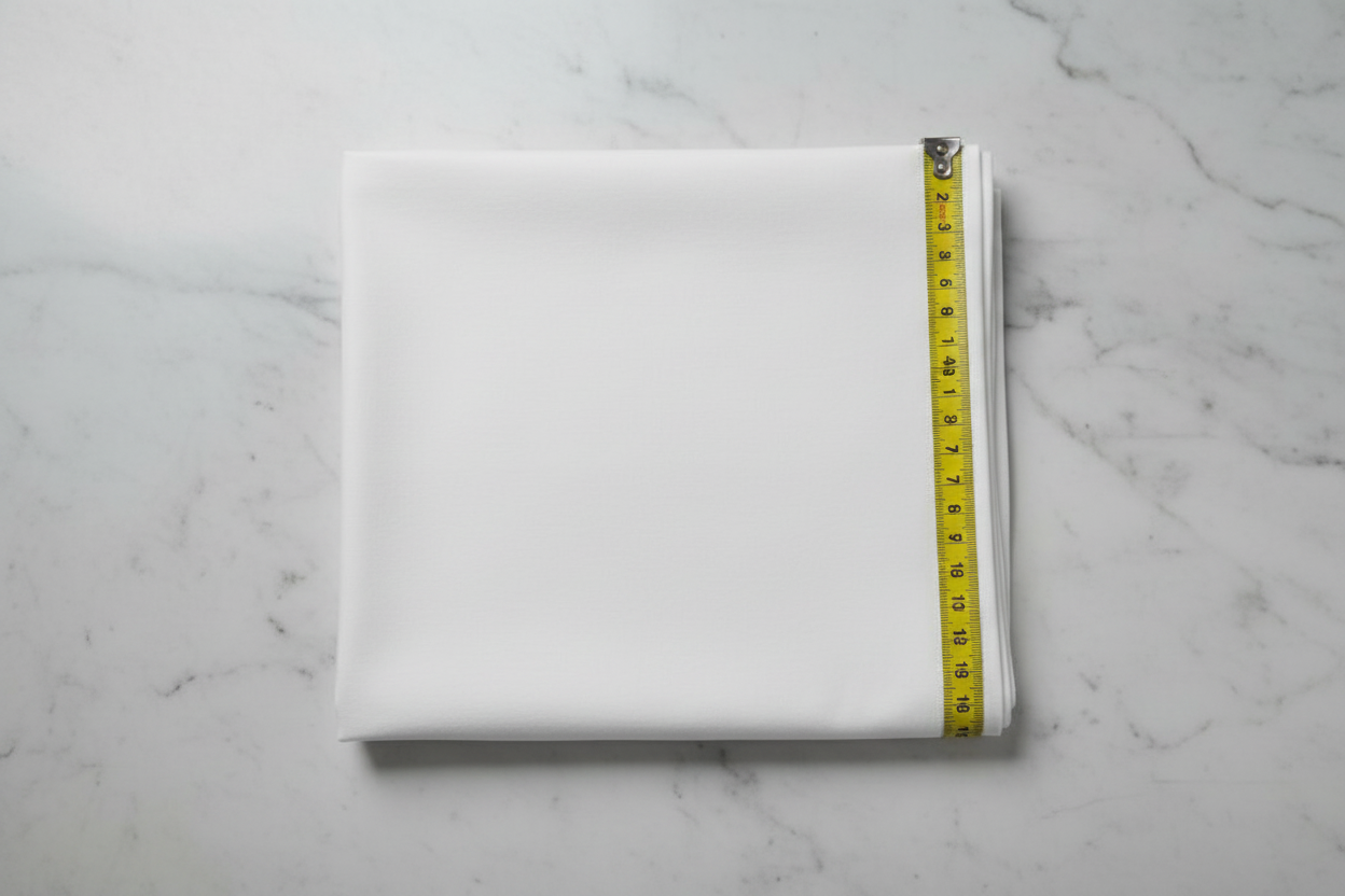 Flat lay of White Cotton Poplin Lycra Fabric with measuring tape showing 44 inch width