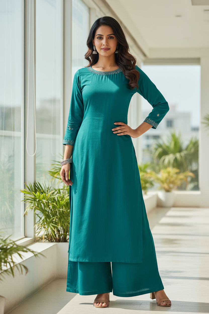 Indian woman wearing elegant teal kurti made from Siyani Cotton Poplin Lycra Fabric