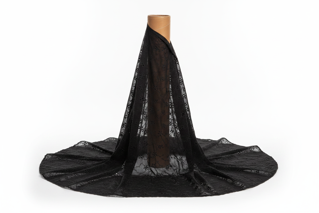 Black Blossom Schiffli Fabric – 20 Metre Thaan