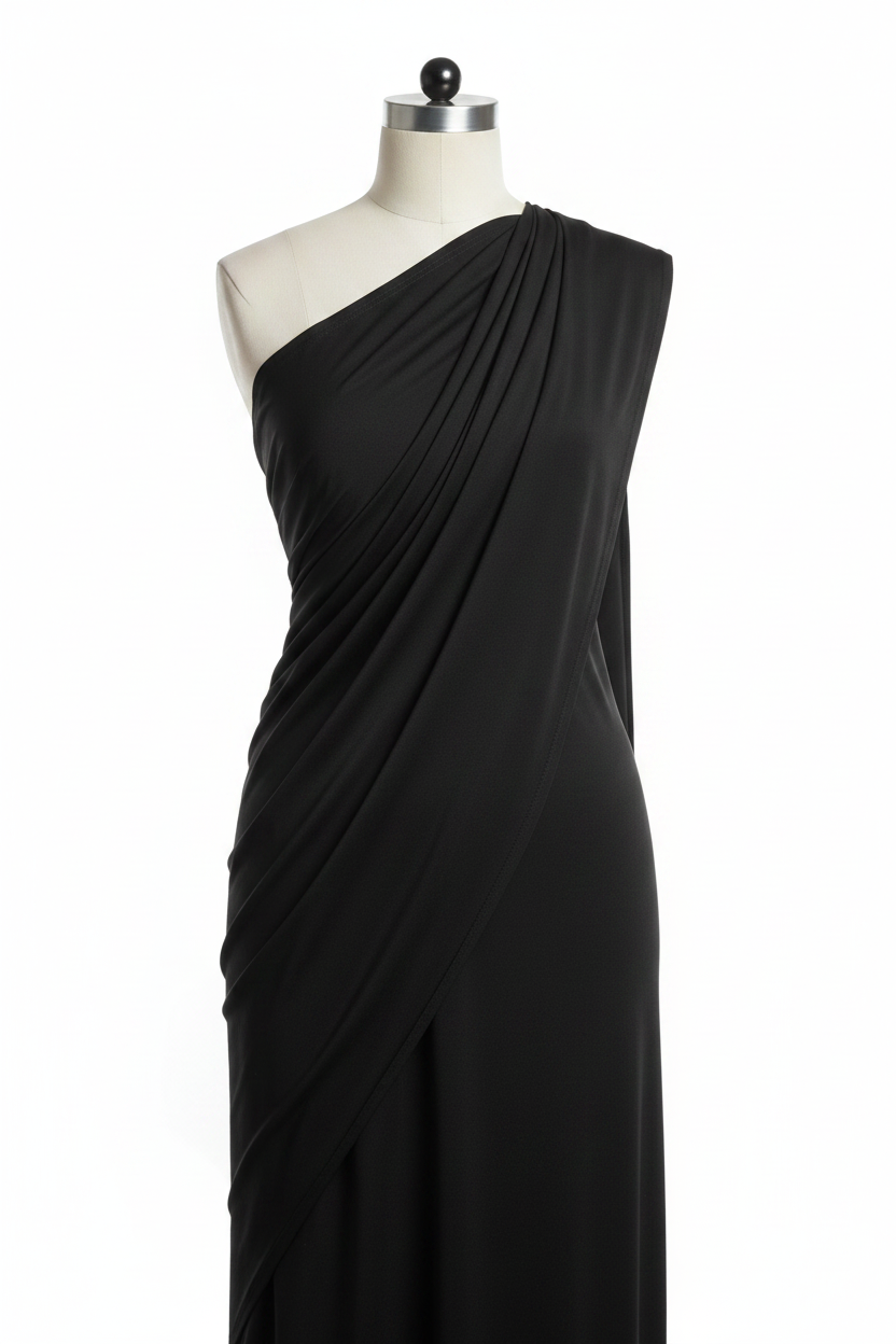 Black Cotton Poplin Lycra Fabric draped on mannequin showing fabric flow and stretch