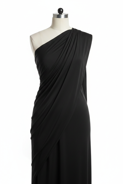 Black Cotton Poplin Lycra Fabric draped on mannequin showing fabric flow and stretch