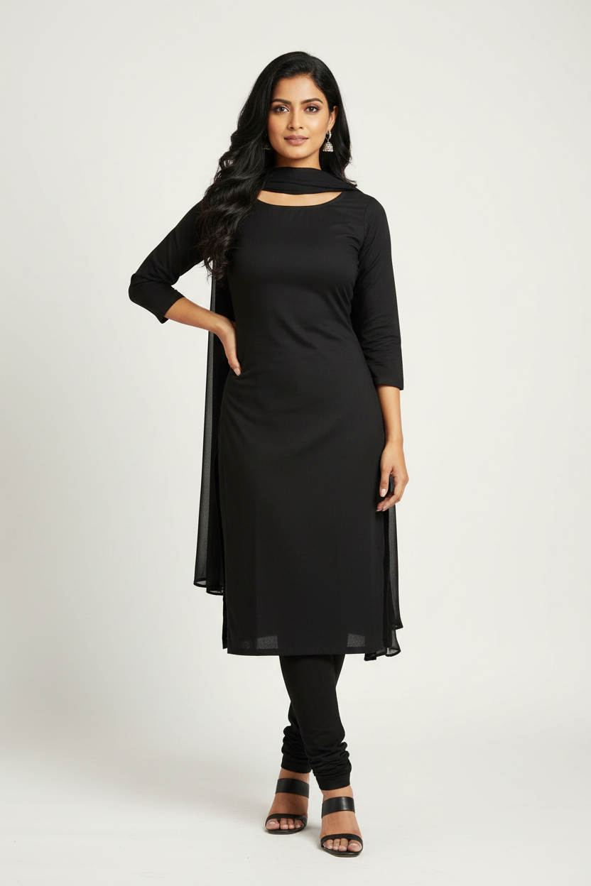 Indian woman wearing elegant black kurti made from Siyani Cotton Poplin Lycra Fabric