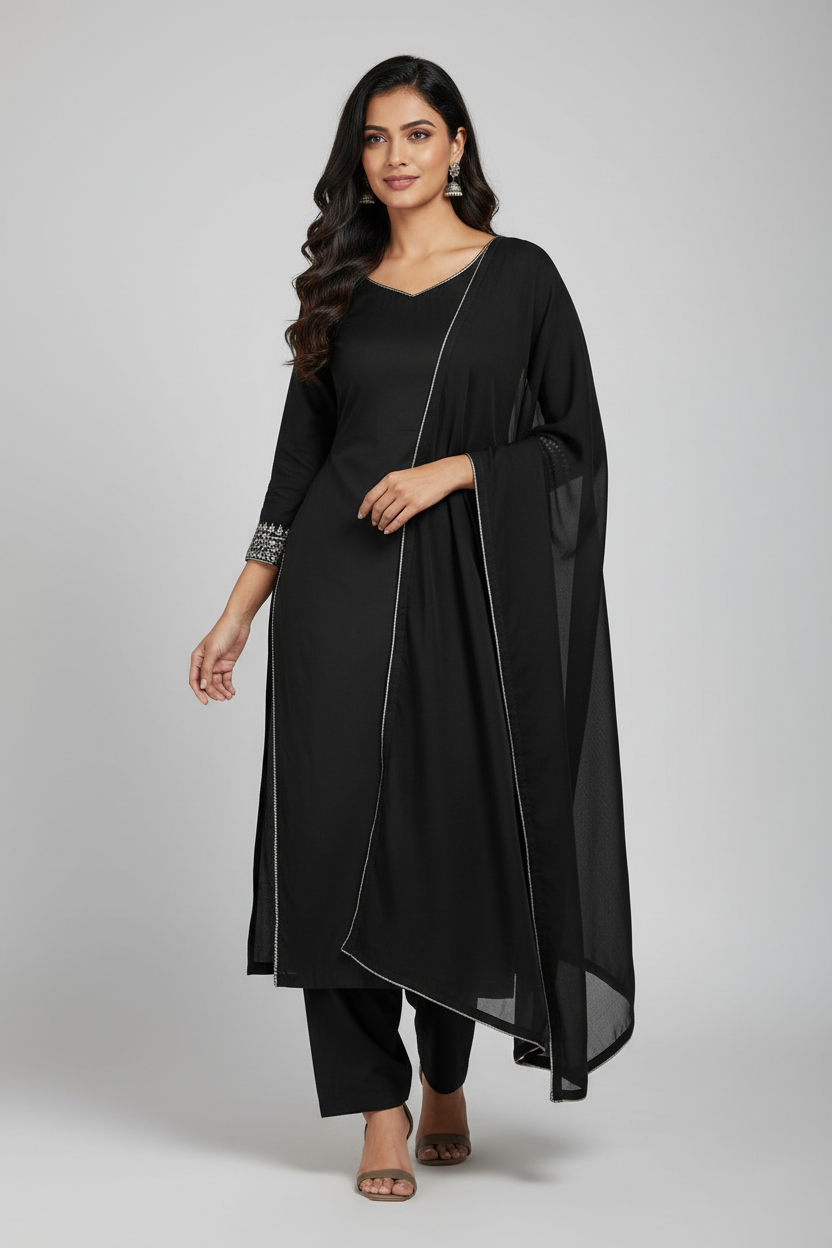 Indian woman wearing elegant black kurti made from Siyani Cotton Poplin Lycra Fabric