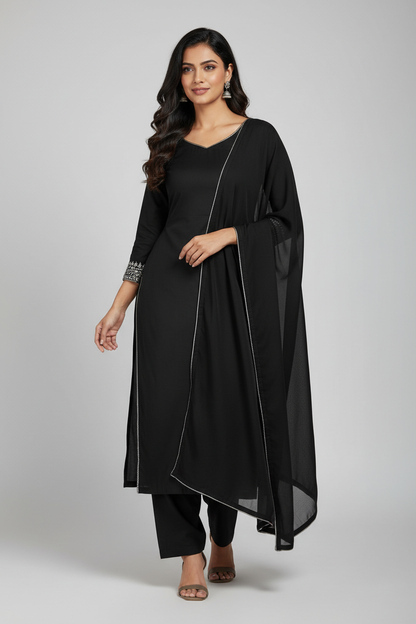 Indian woman wearing elegant black kurti made from Siyani Cotton Poplin Lycra Fabric