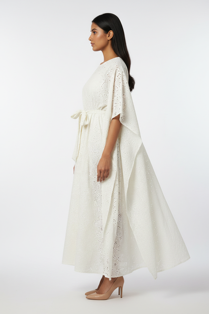 Off-White Floral Schiffli Kaftan Dress - Side Profile