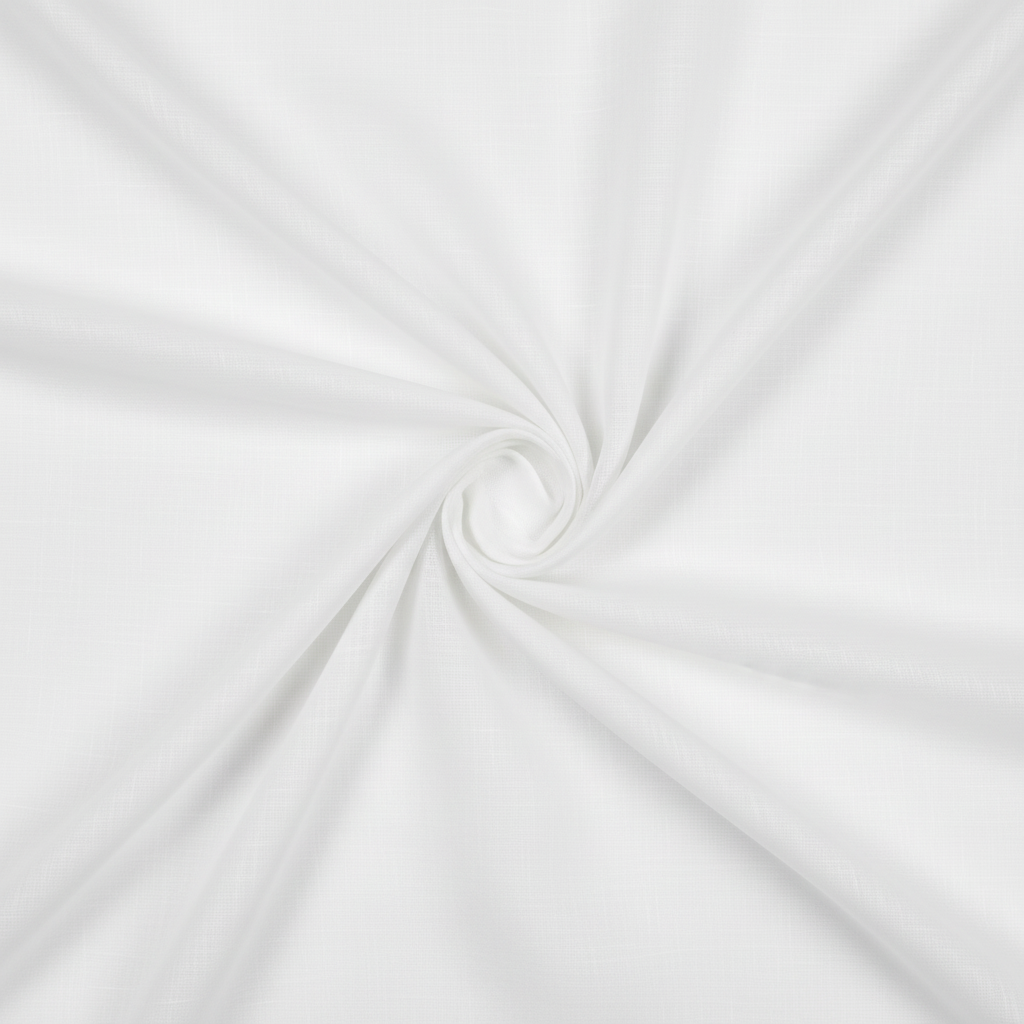 White cotton voile fabric in elegant diagonal fold hero shot, top-down view showing sheer lightweight quality