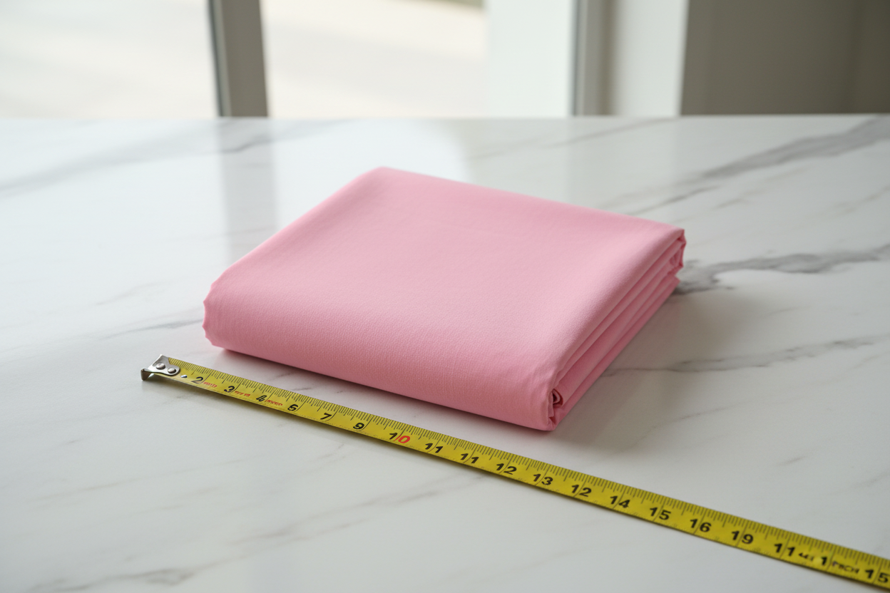 Flat lay of Baby Pink Cotton Cambric Fabric with measuring tape showing 44 inch width