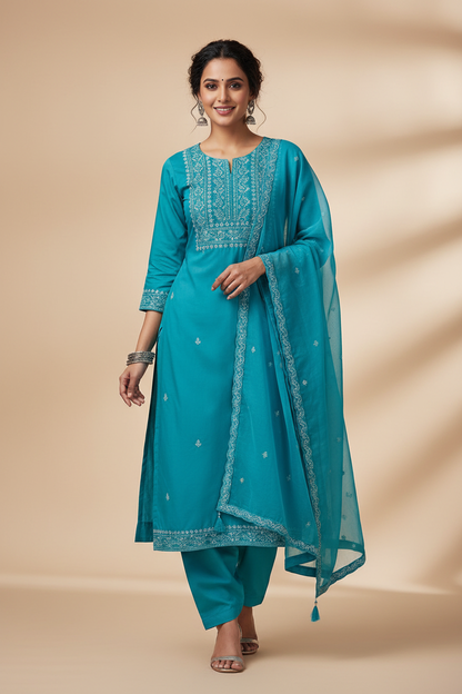 Indian woman wearing elegant blue kurti made from Siyani Cotton Cambric Fabric