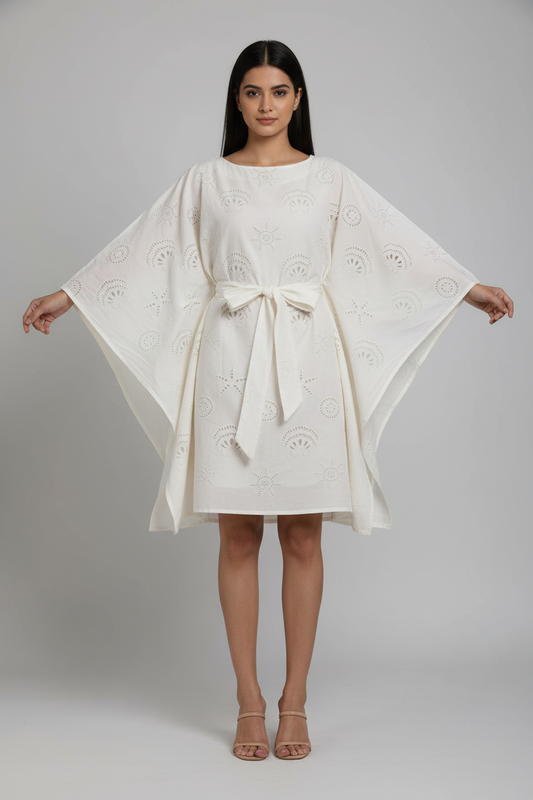 Off-White Multi-Pattern Schiffli Kaftan Dress - Front View