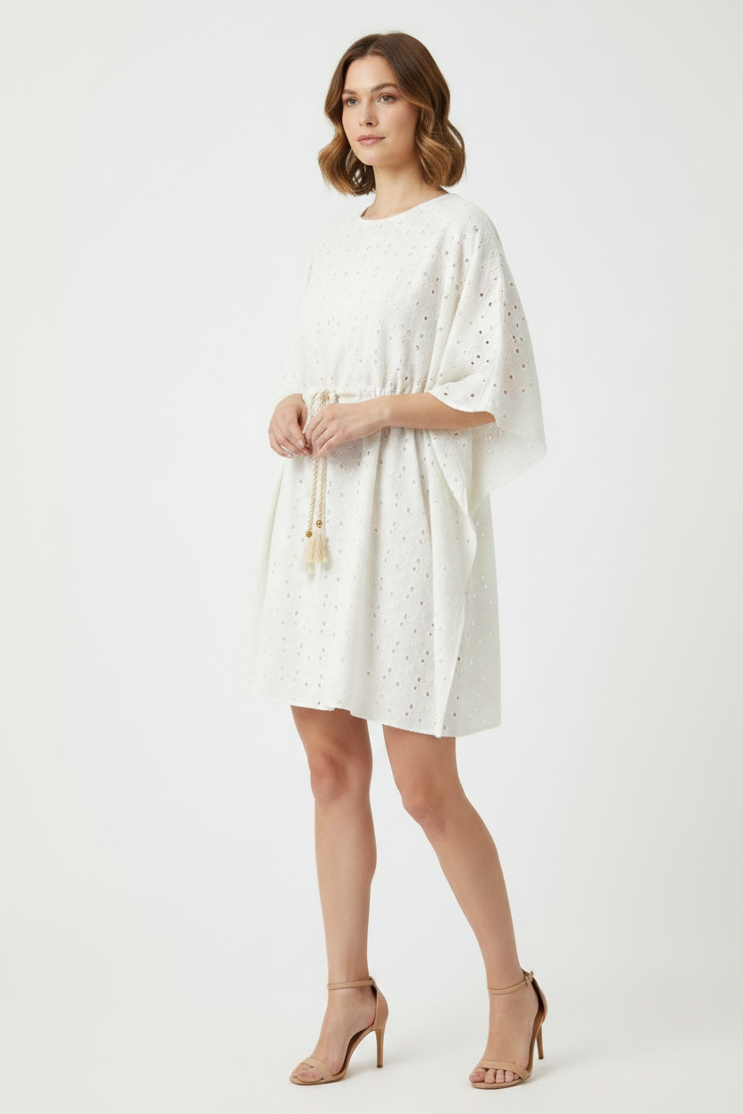 Off-White Pentagon Schiffli Kaftan Dress - Three Quarter Angle