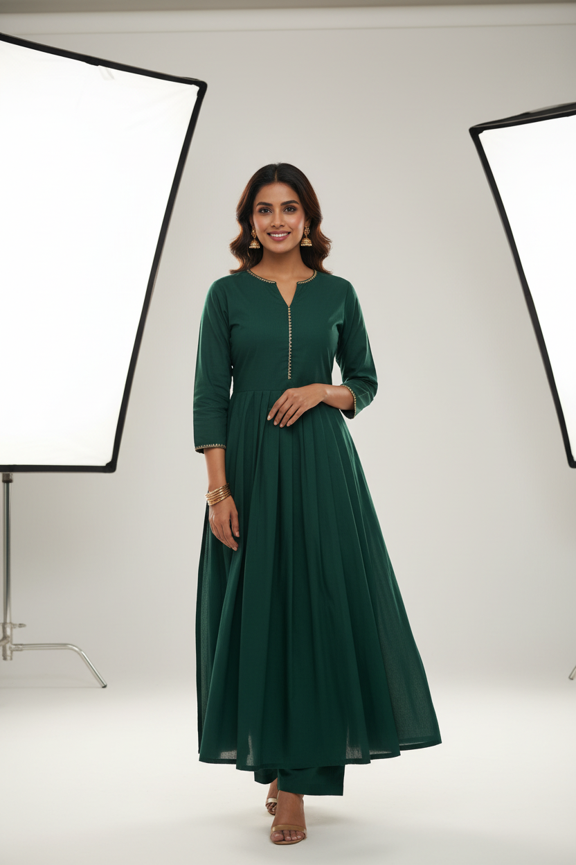 Indian woman wearing elegant dark green kurti made from Siyani Cotton Cambric Fabric