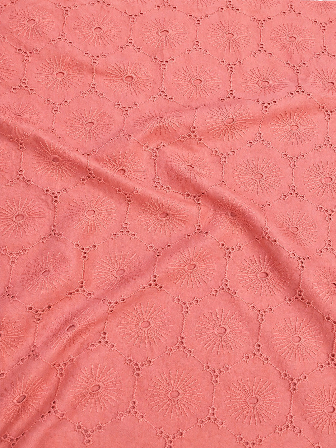 Peach Floral Eyelet Schiffli fabric