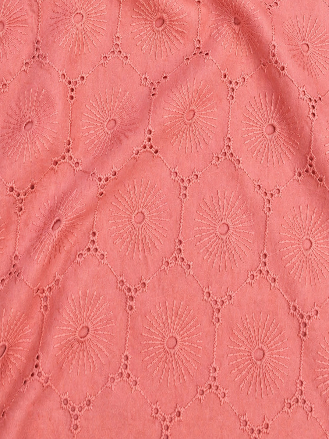 Peach Floral Eyelet Schiffli fabric