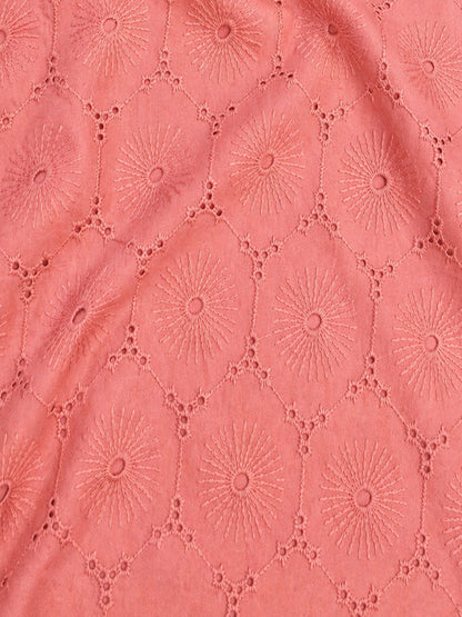 Peach Floral Eyelet Schiffli fabric