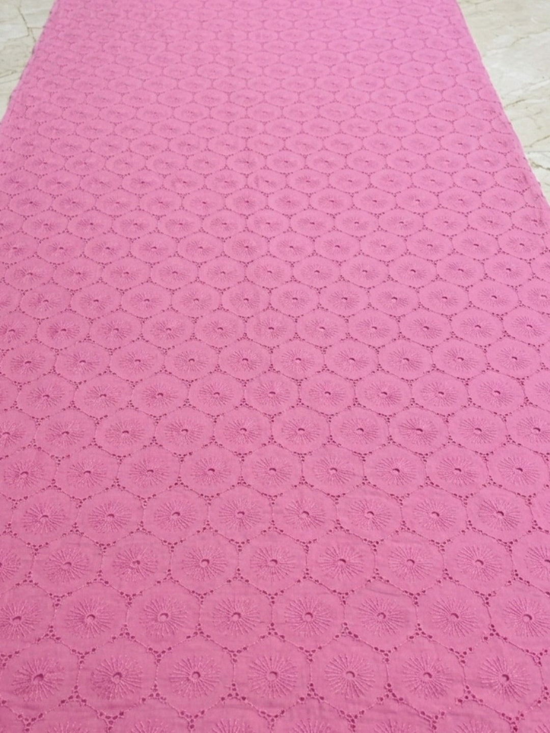 Pink Floral Eyelet Schiffli fabric