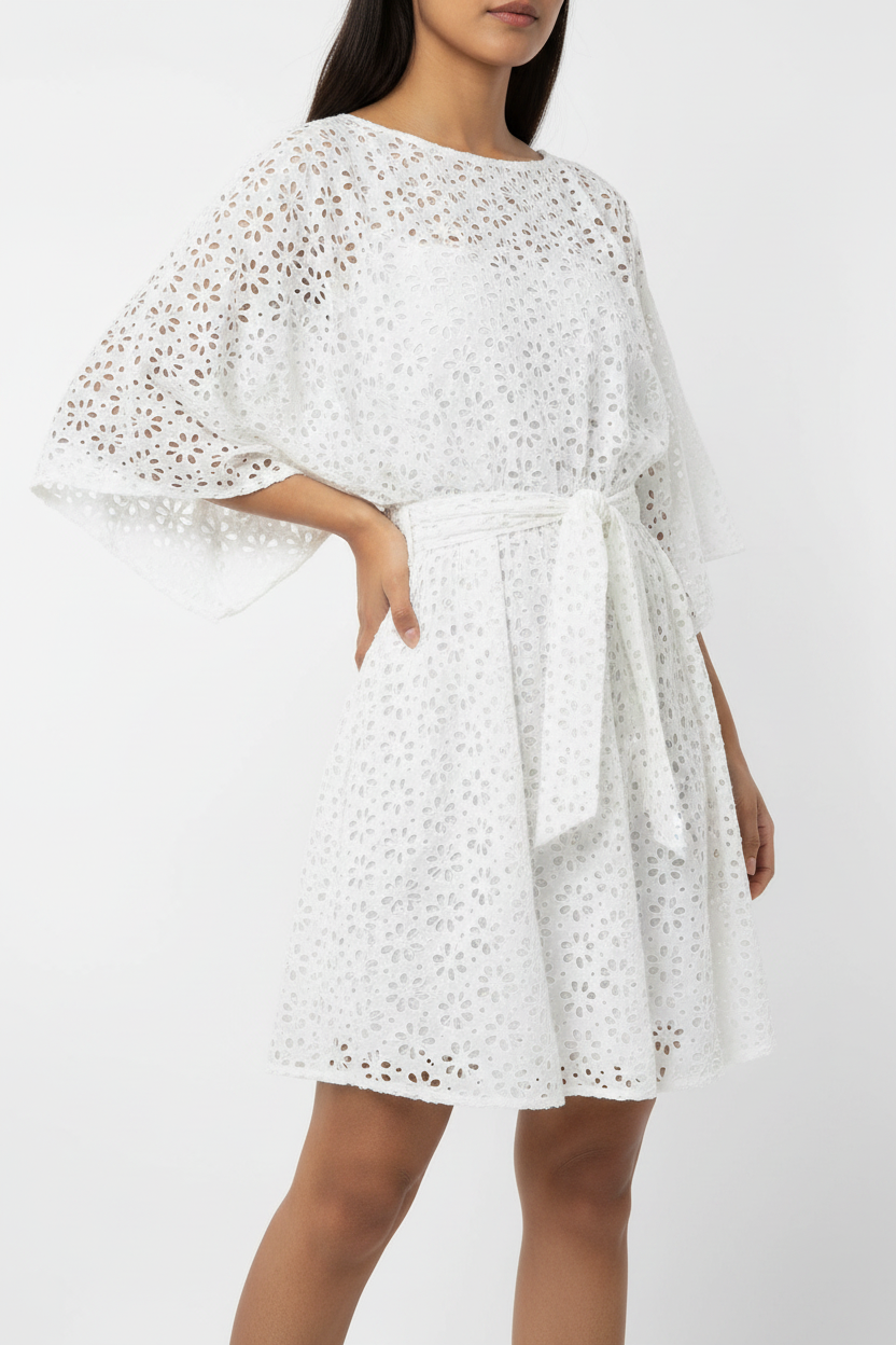 White Eyelet Kaftan Three-Quarter