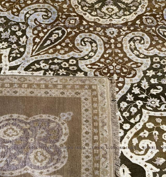 Light Brown Rangoli Design Hand Knotted Carpet - Siyani Clothing India