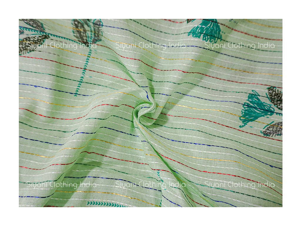 Green Stripes Flower Print Cotton Fabric Siyani Clothing India