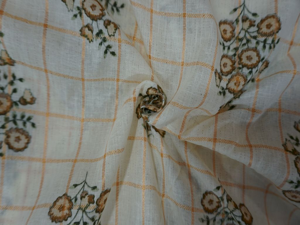 White Checks And Flower Print Cotton Fabric Siyani Clothing India