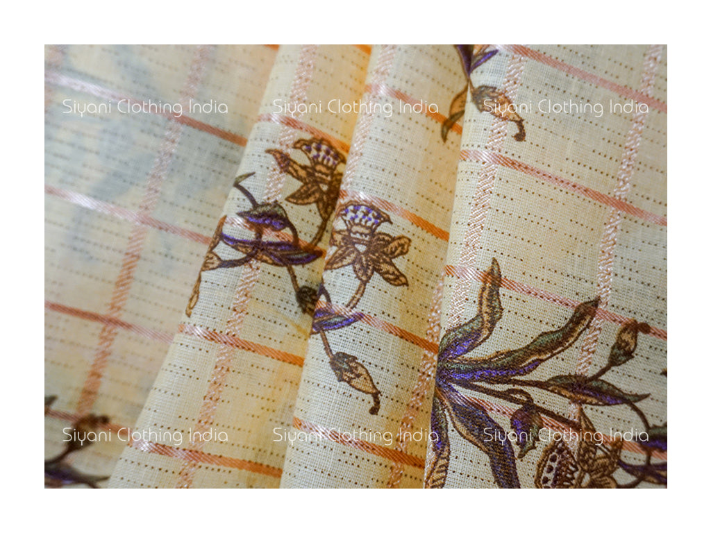 Brown Checks And Flower Print Cotton Fabric Siyani Clothing India