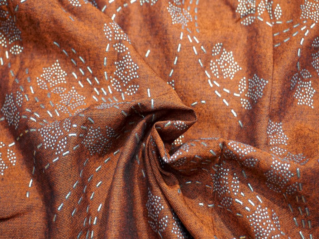 Orange Sprinkle Foil Print Rayon Fabric Siyani Clothing India