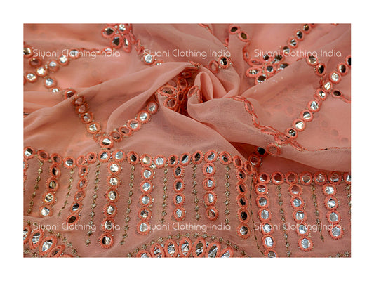 Peach Mirror Embroidered Georgette Fabric Siyani Clothing India