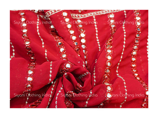 Red Mirror Embroidered Georgette Fabric Siyani Clothing India