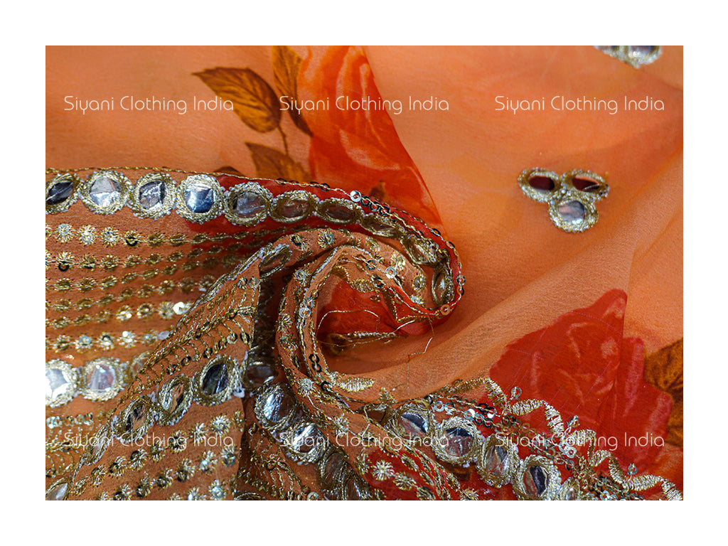 Orange Mirror And Flower Embroidered Georgette Fabric Siyani Clothing India