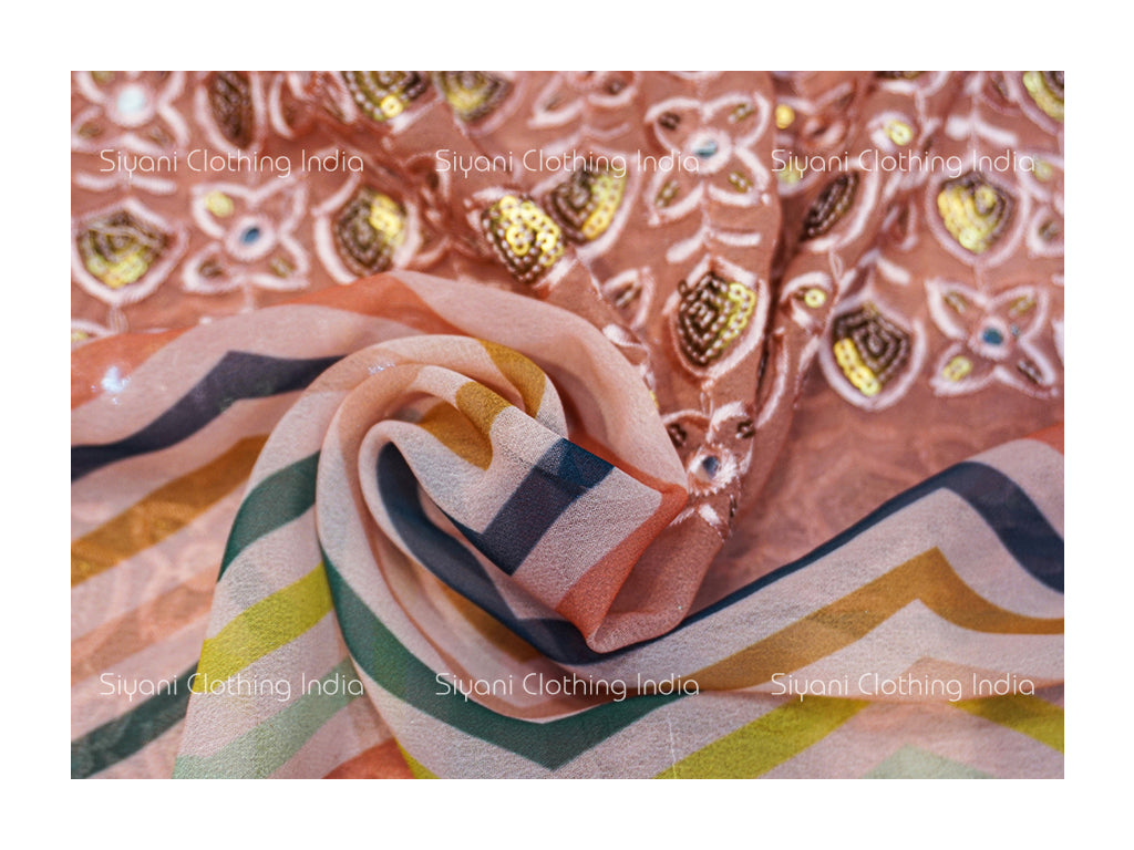 Peach Sequins And Stripes Embroidered Georgette Fabric Siyani Clothing India
