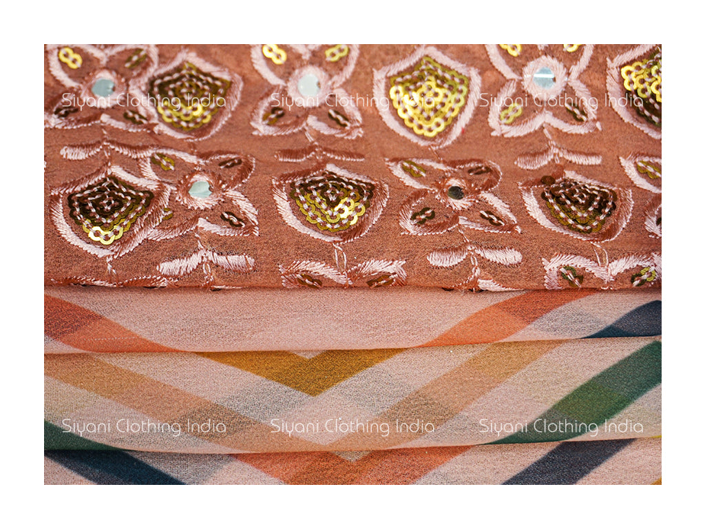 Peach Sequins And Stripes Embroidered Georgette Fabric Siyani Clothing India