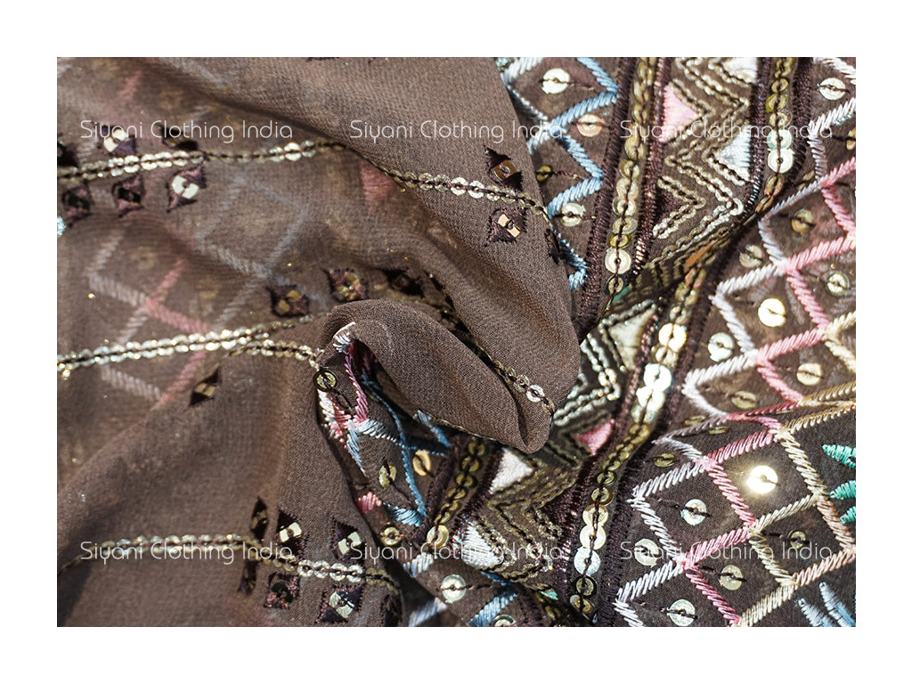 Brown Sequins Border Embroidered Georgette Fabric Siyani Clothing India