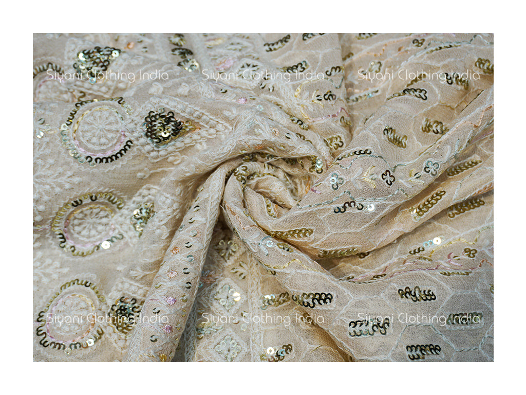 Cream Sequins And Thread Embroidered Georgette Fabric Siyani Clothing India