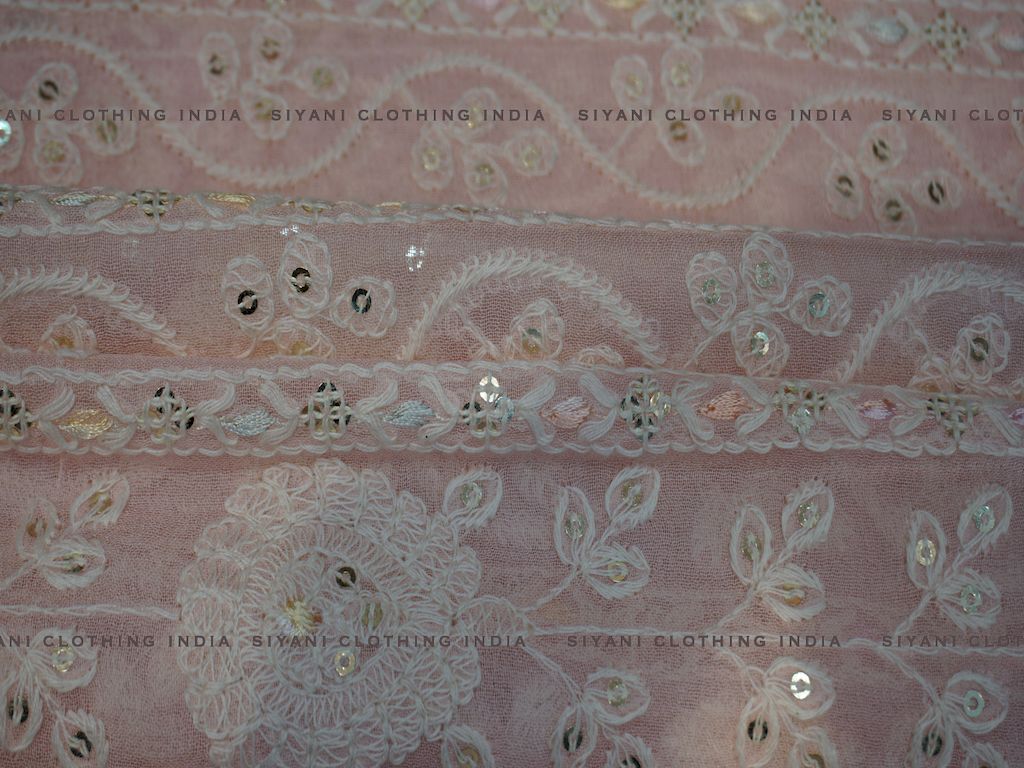 Onion Pink Sequins And Thread Embroidered Chiffon Fabric - Siyani Clothing India