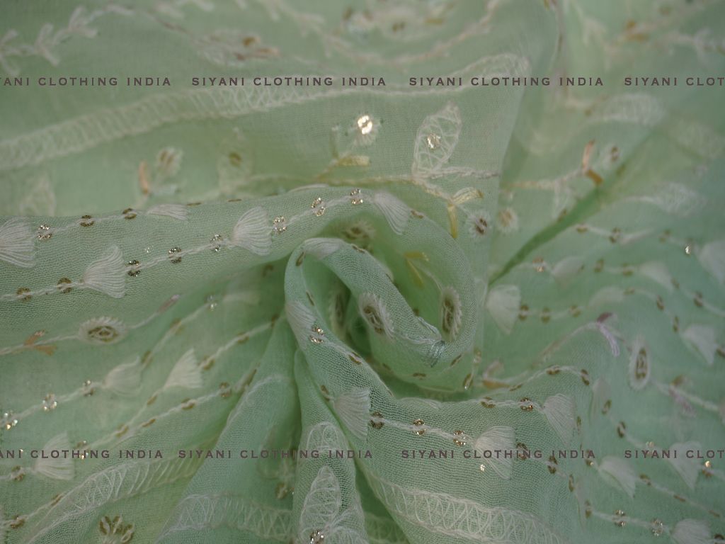 Siyani Sage Green Sequins And Zari Embroidered Chiffon Fabric