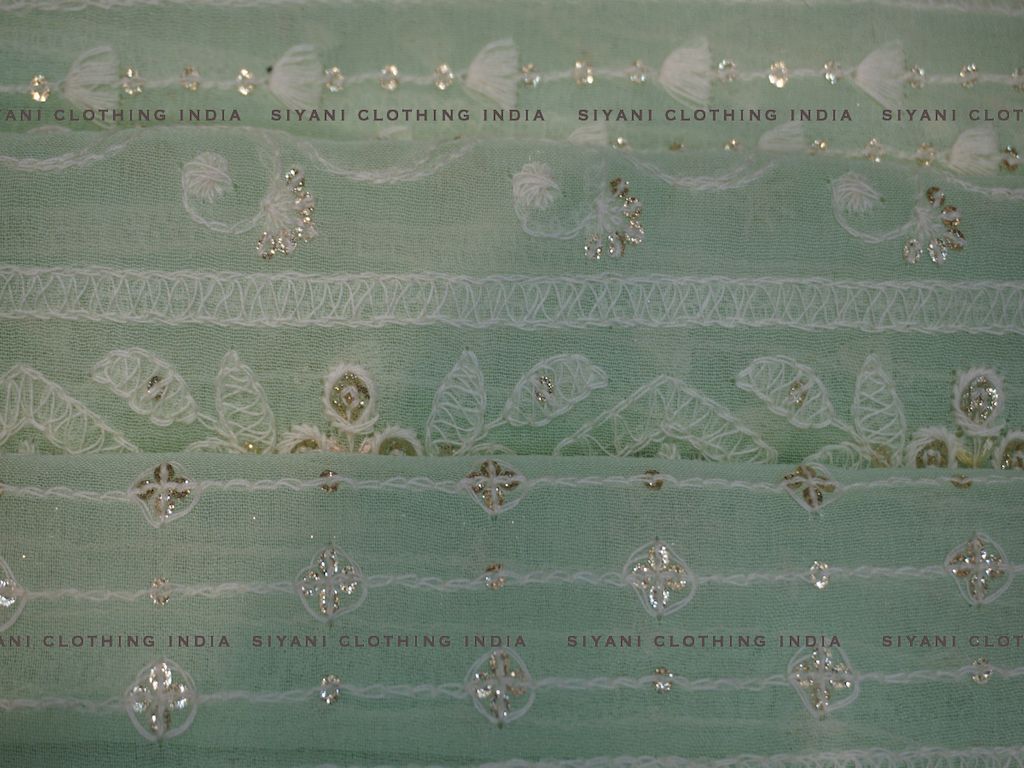 Sage Green Sequins And Zari Embroidered Chiffon Fabric - Siyani Clothing India