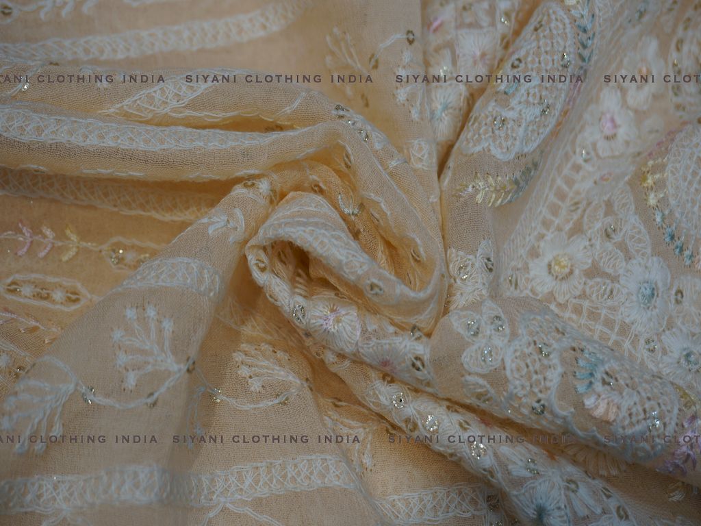 Siyani Orange Sequins And Thread Embroidered Chiffon Fabric