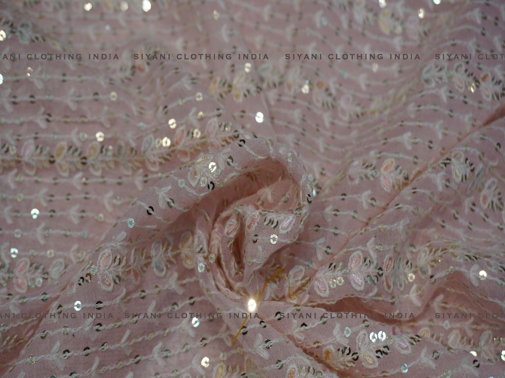 Siyani Baby Pink Sequins And Floral Embroidered Chiffon Fabric