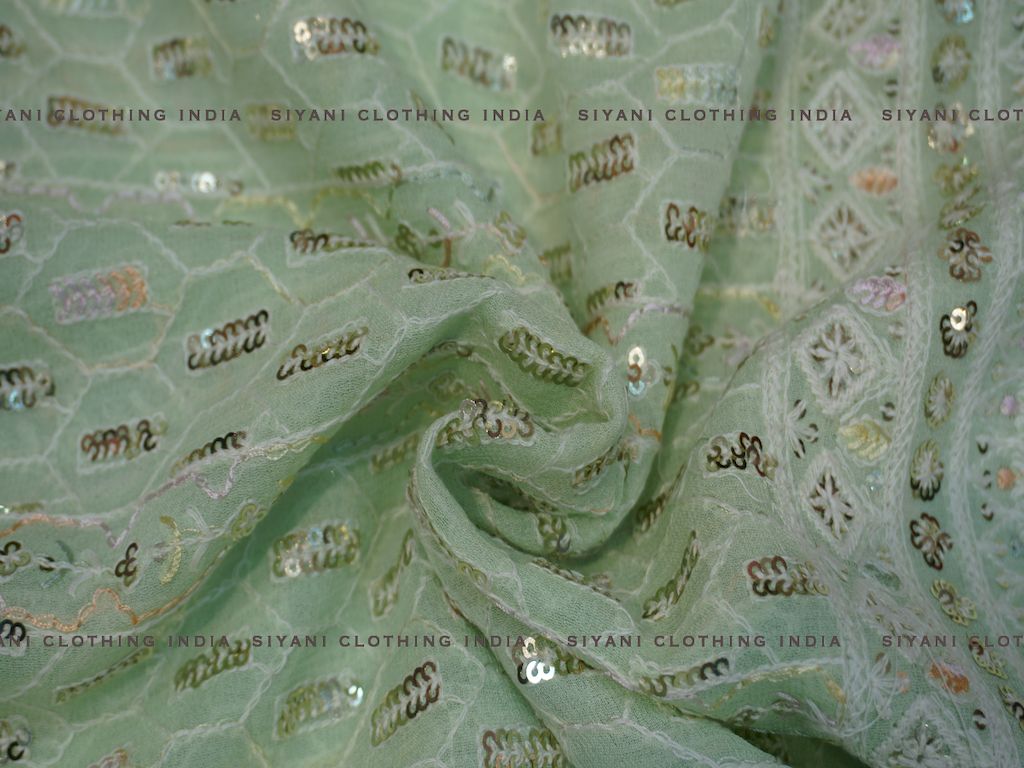 Siyani Green Sequins And Thread Embroidered Chiffon Fabric